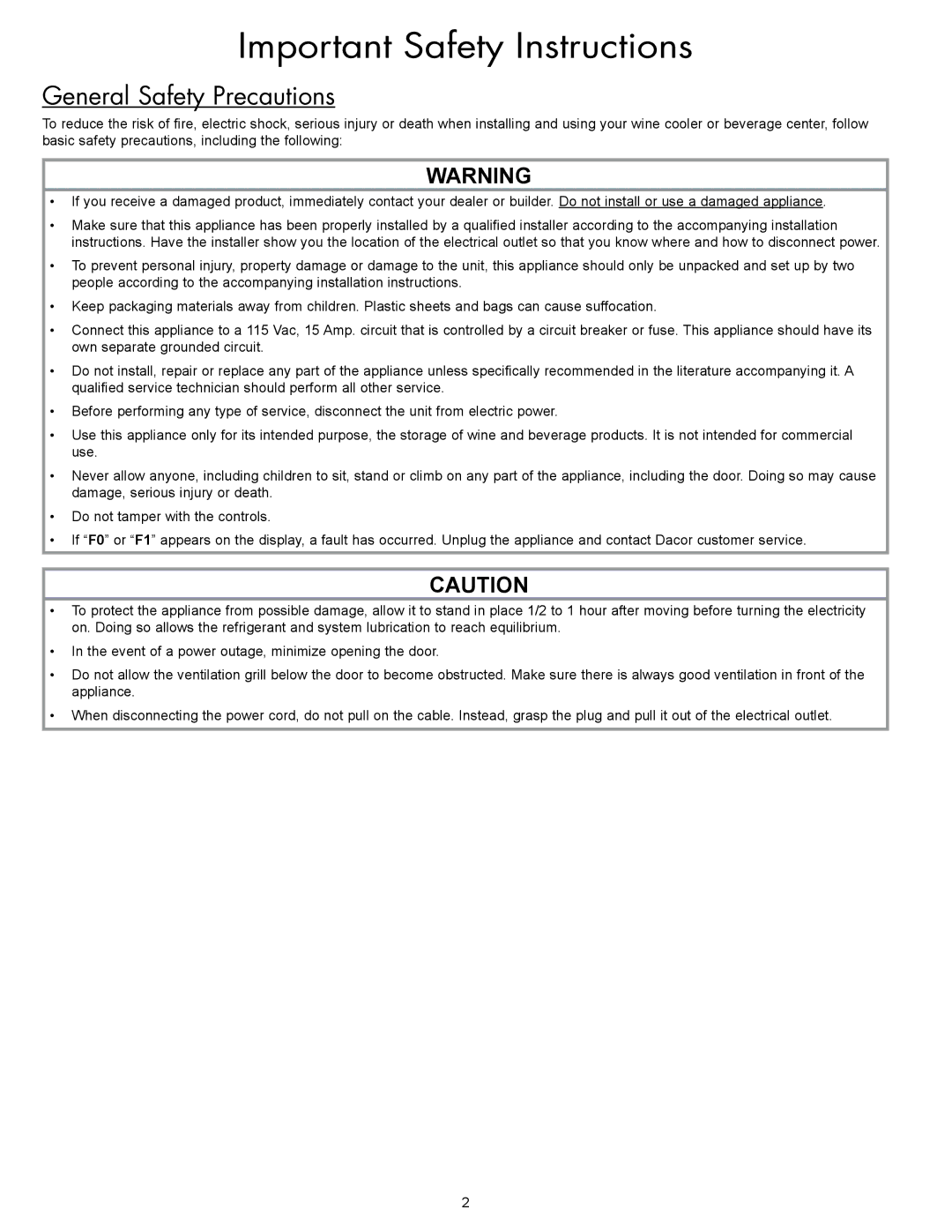 Dacor EF24RWCZ1SS, EF24RBCSS, EF24LBCSS, EF24LWCZ1SS important safety instructions General Safety Precautions 