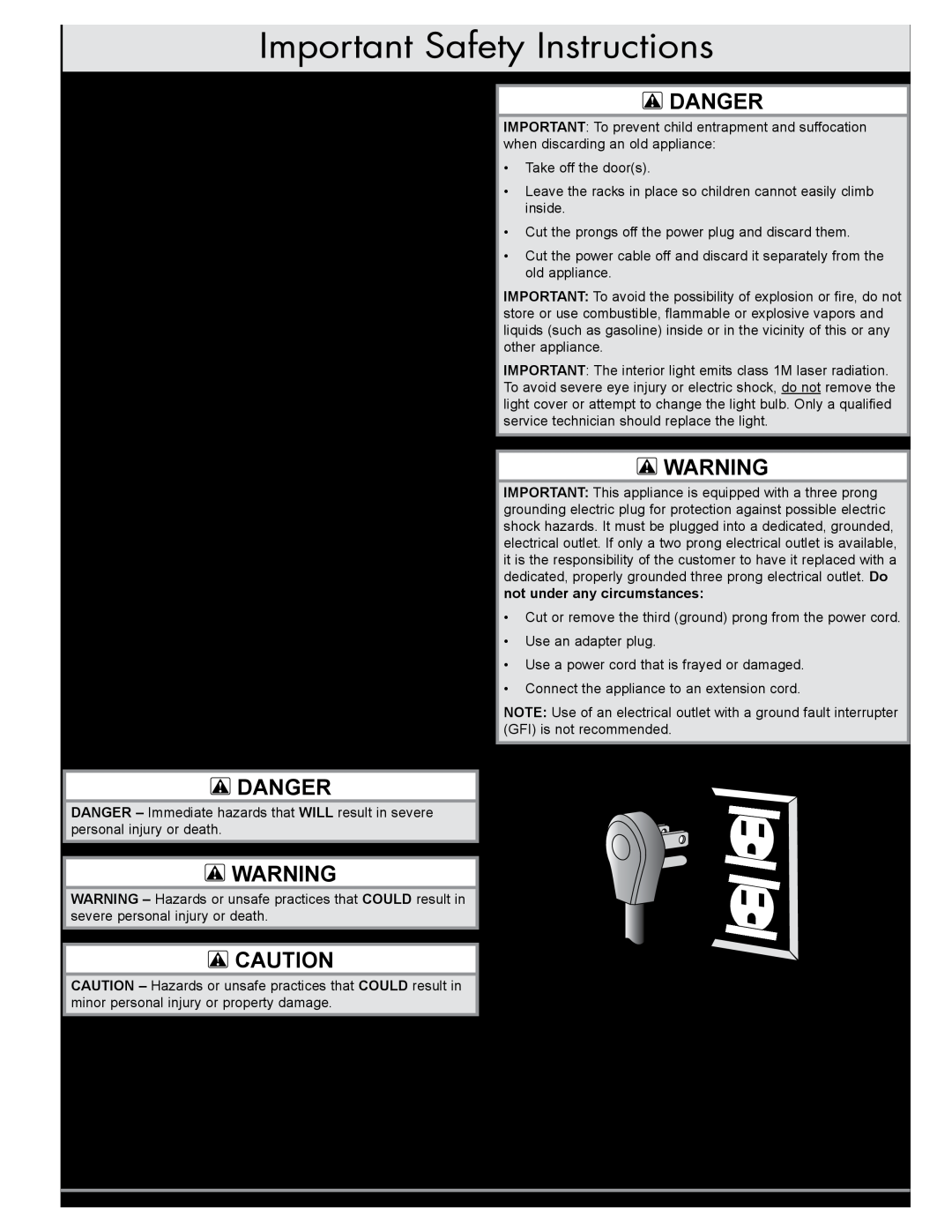 Dacor EF24LWCZ1SS, EF24RWCZ1SS Important Safety Instructions, Important Information About Safety Instructions, Danger 