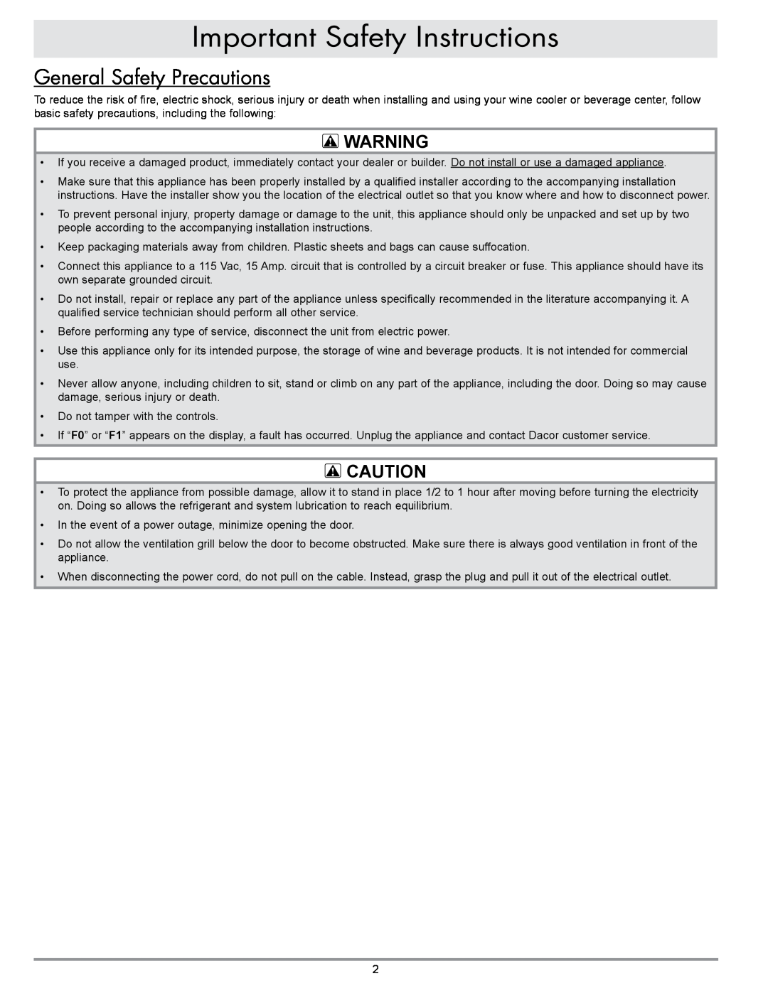 Dacor EF24RWCZ1SS, EF24RBCSS, EF24LBCSS, EF24LWCZ1SS General Safety Precautions, Important Safety Instructions 