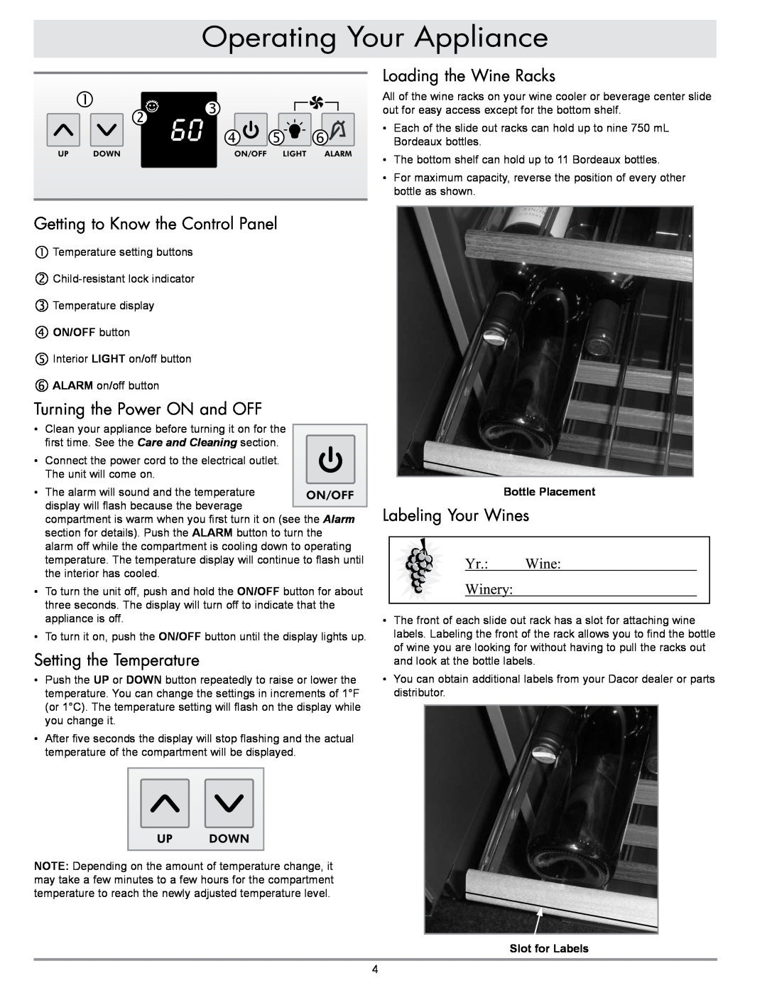Dacor EF24LBCSS Operating Your Appliance, Loading the Wine Racks, Getting to Know the Control Panel, Labeling Your Wines 