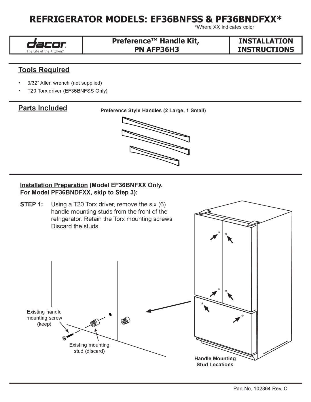 Dacor installation instructions Refrigerator Models EF36BNFSS & PF36BNDFXX 