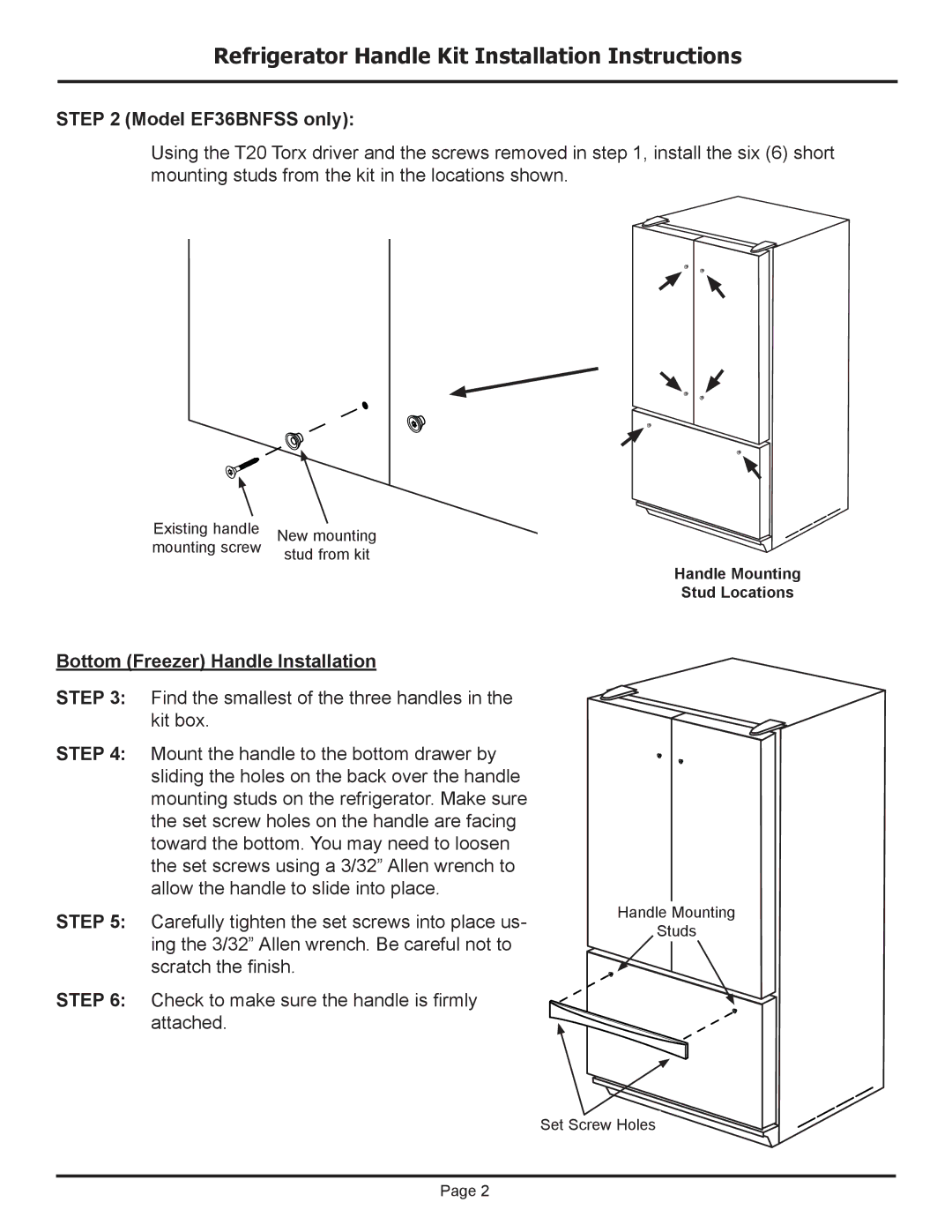 Dacor installation instructions Model EF36BNFSS only, Bottom Freezer Handle Installation 