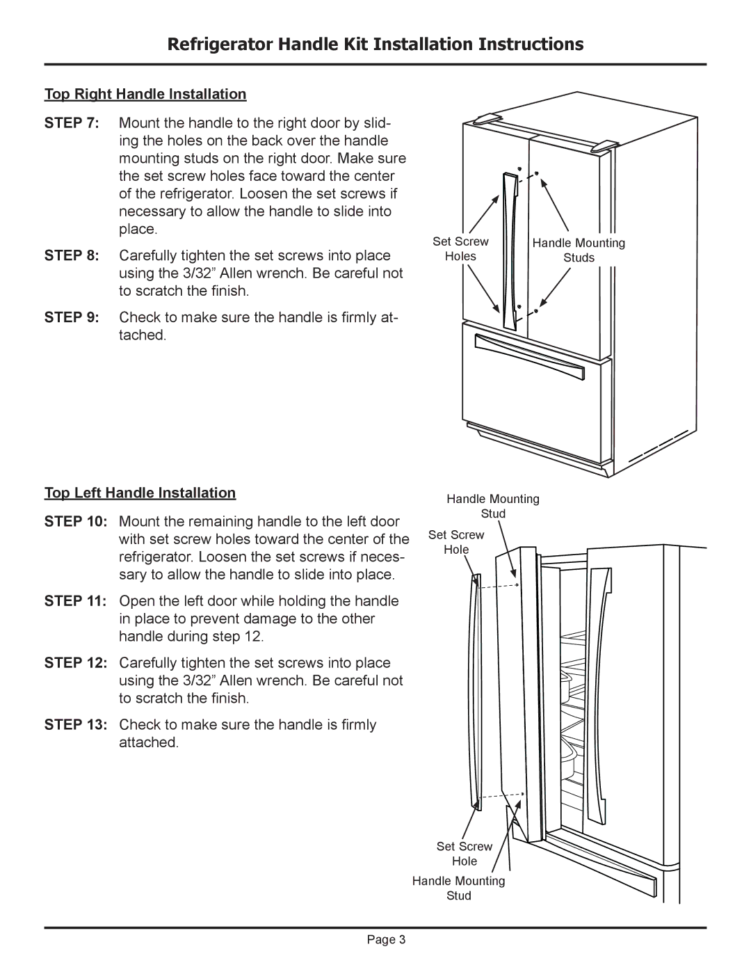 Dacor EF36BNFSS installation instructions Top Right Handle Installation, Top Left Handle Installation 