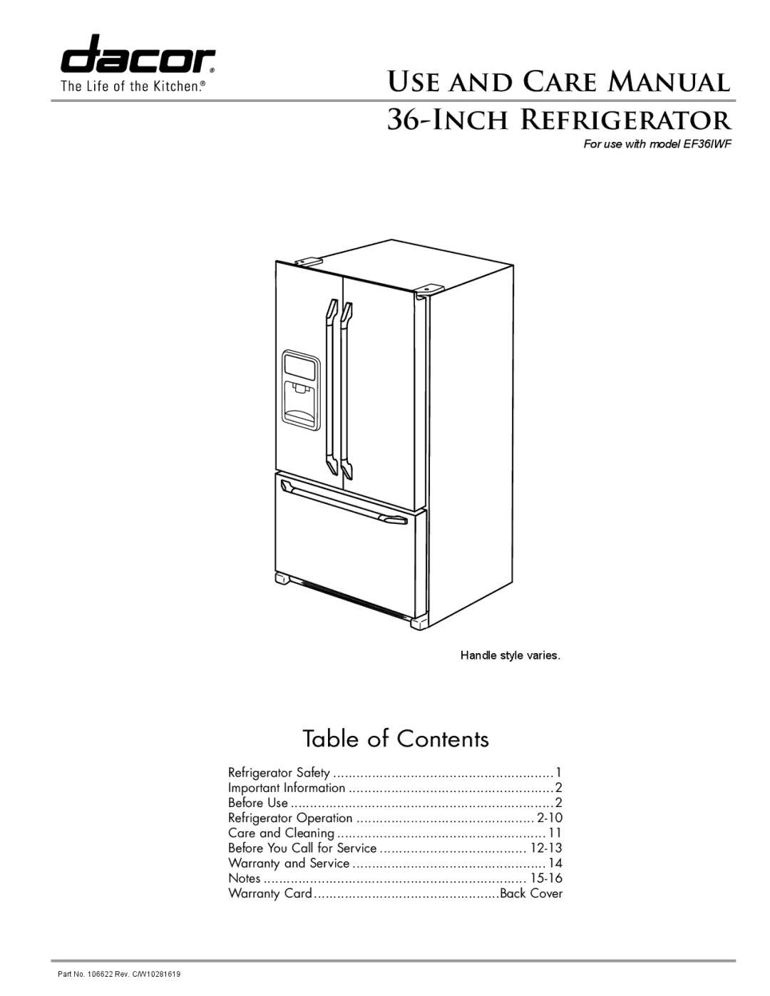 Dacor EF36IWF warranty Inchrefrigerator 