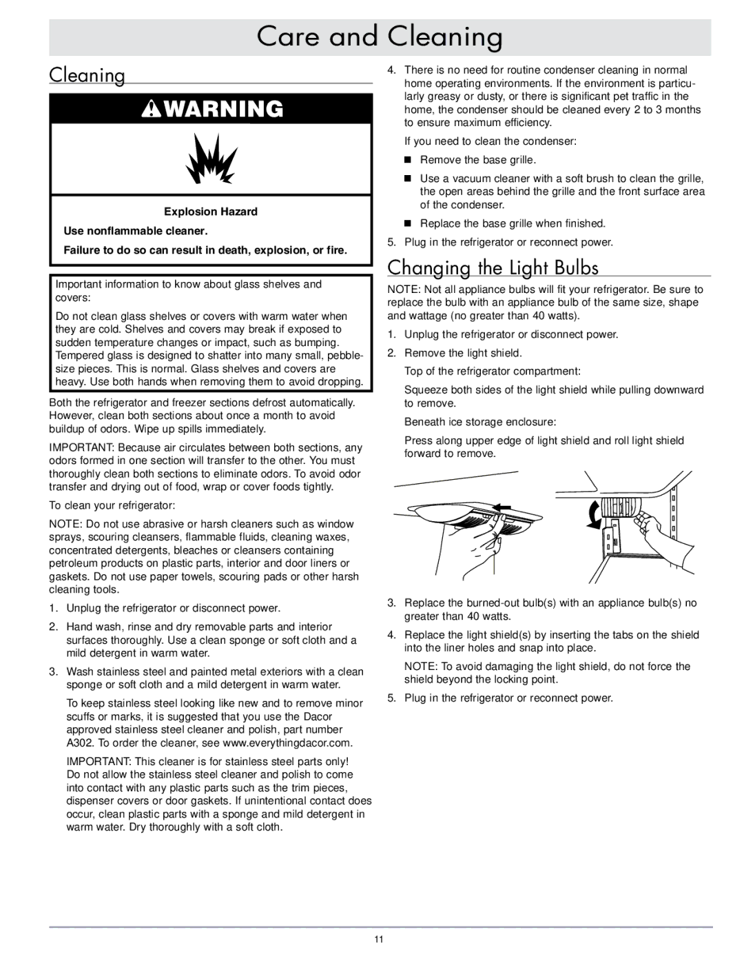 Dacor EF36IWF warranty Care and Cleaning, Changing the Light Bulbs 