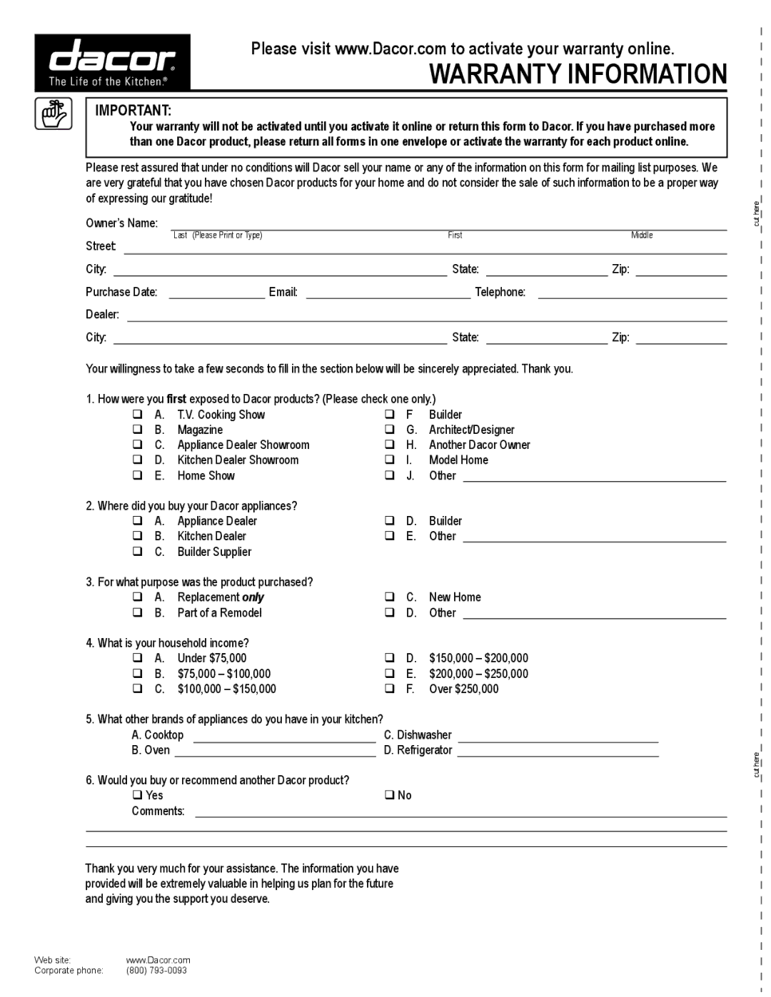 Dacor EF36IWF warranty Warranty Information 