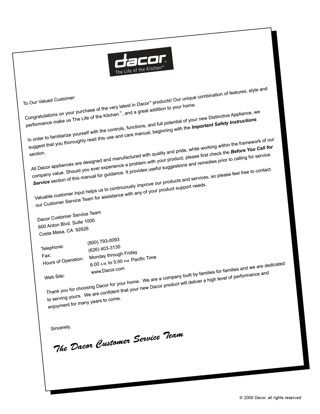 Dacor EF36IWF warranty Dacor, all rights reserved 