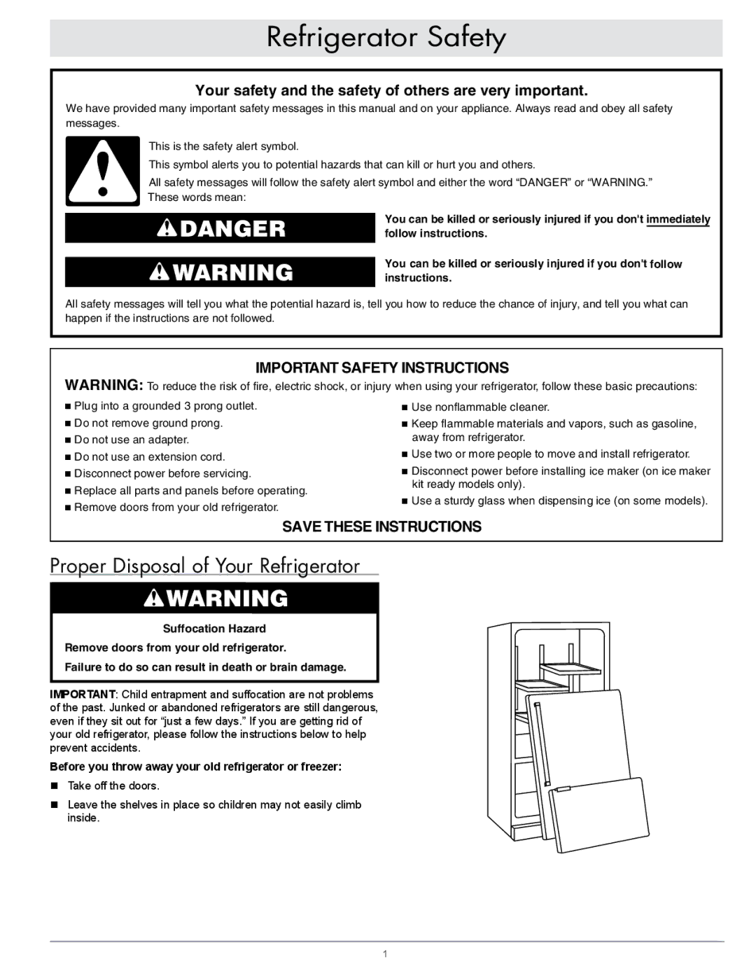 Dacor EF36IWF warranty Refrigerator Safety, Proper Disposal of Your Refrigerator 