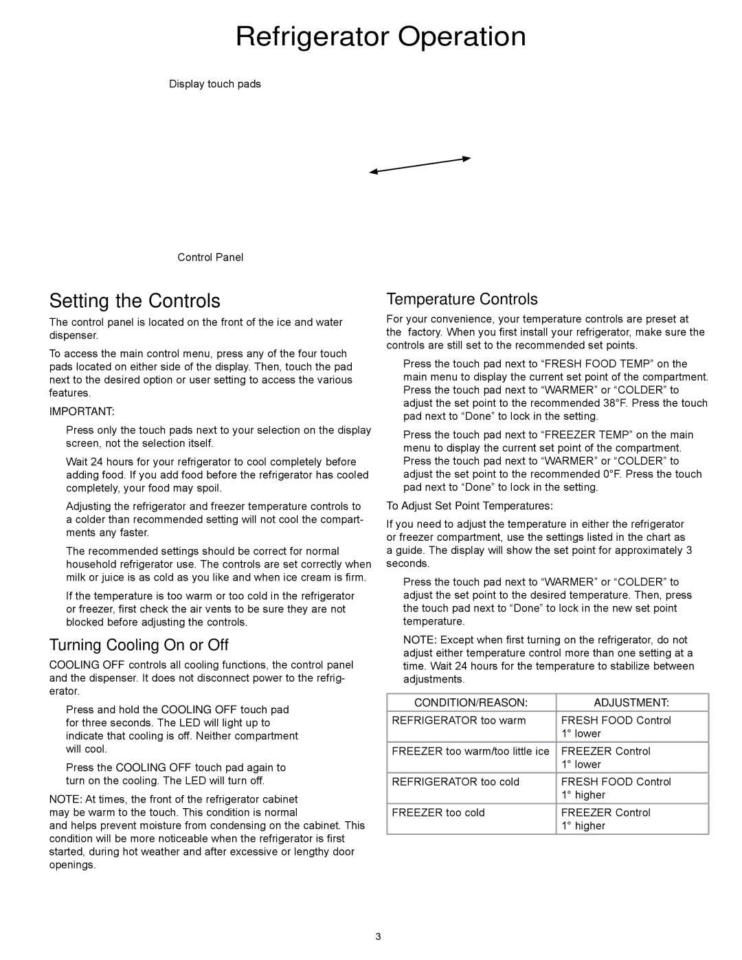 Dacor EF36IWF Setting the Controls, Turning Cooling On or Off, Temperature Controls, To Adjust Set Point Temperatures 