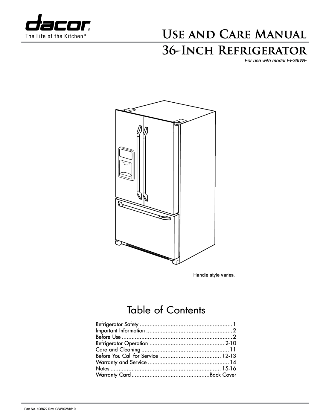 Dacor EF36IWF warranty Inch Refrigerator, Table of Contents, Use And Care Manual 