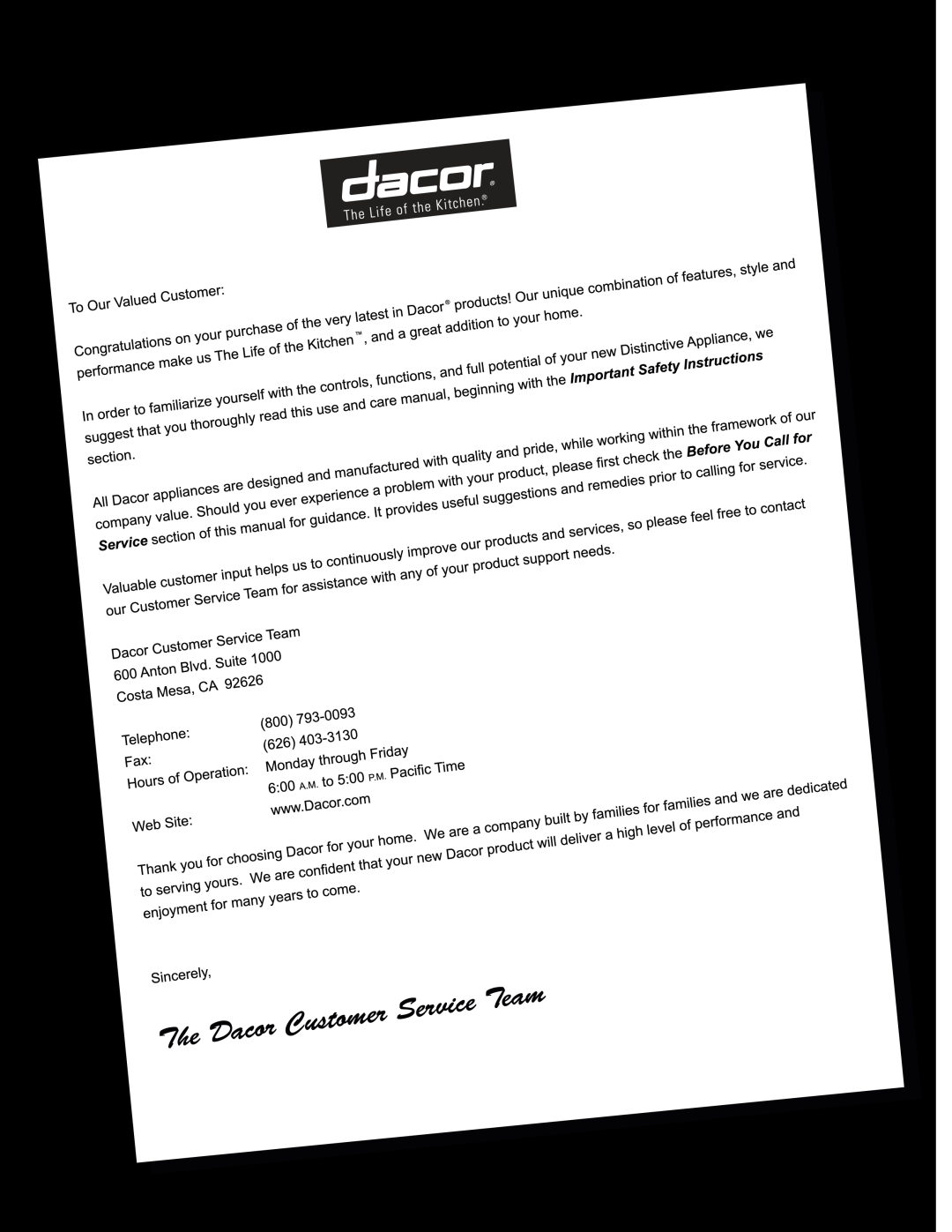 Dacor EF36IWF warranty Dacor, all rights reserved 