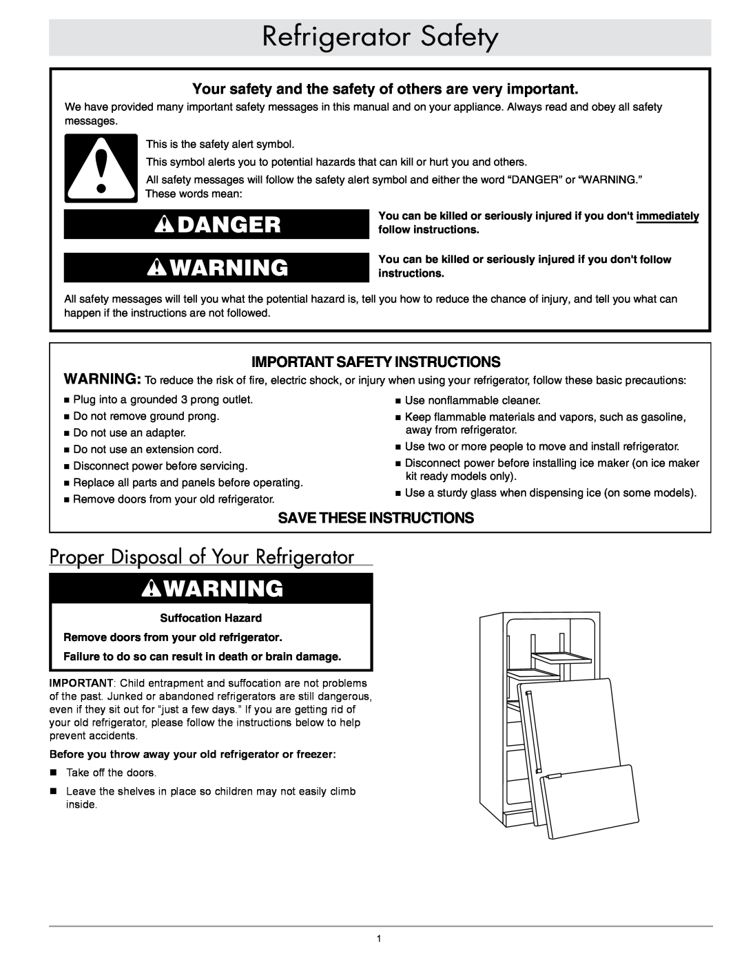 Dacor EF36IWF Refrigerator Safety, Proper Disposal of Your Refrigerator, Important Safety Instructions, Danger Warning 