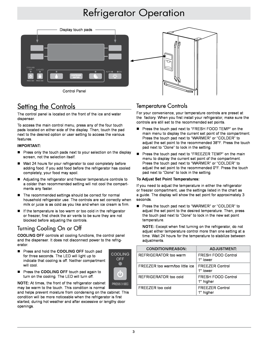 Dacor EF36IWF Setting the Controls, Turning Cooling On or Off, Temperature Controls, Refrigerator Operation, Adjustment 