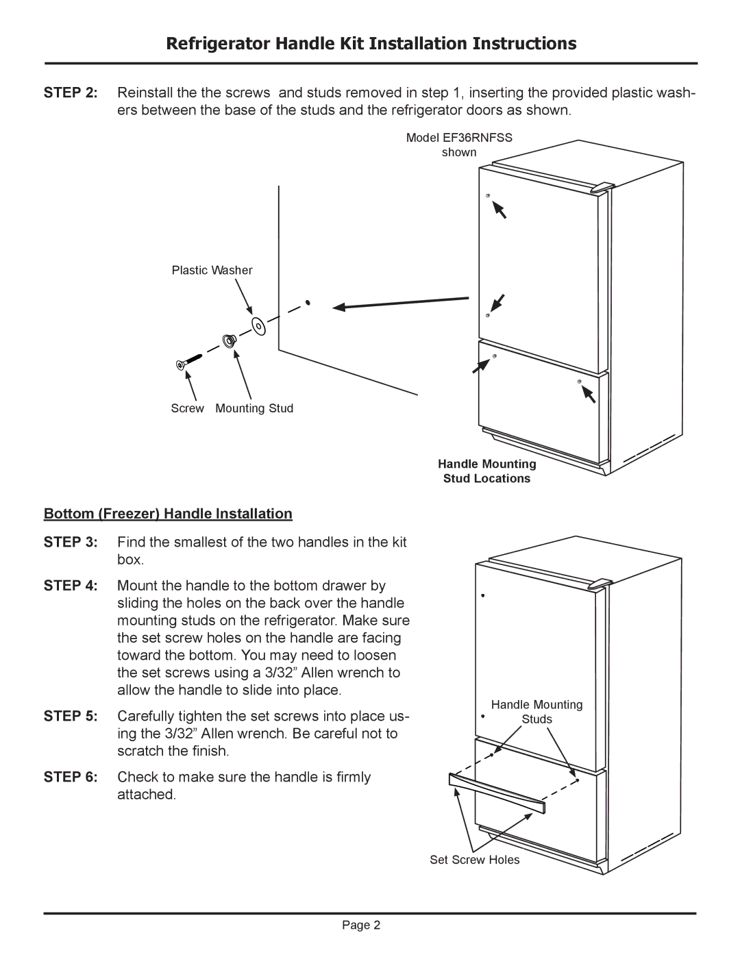 Dacor EF36RNFSS, EF36LNFSS Refrigerator Handle Kit Installation Instructions, Bottom Freezer Handle Installation 