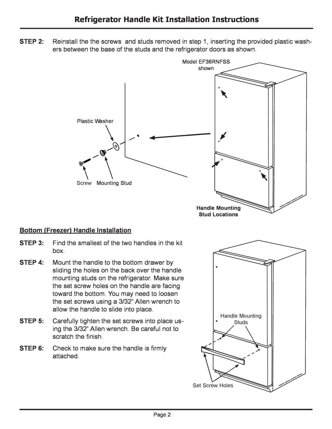 Dacor EF36RNFSS, EF36LNFSS Refrigerator Handle Kit Installation Instructions, Bottom Freezer Handle Installation 