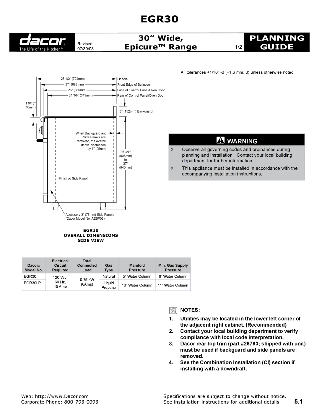 Dacor EGR30LP dimensions Planning, Guide, Overall Dimensions Side view 