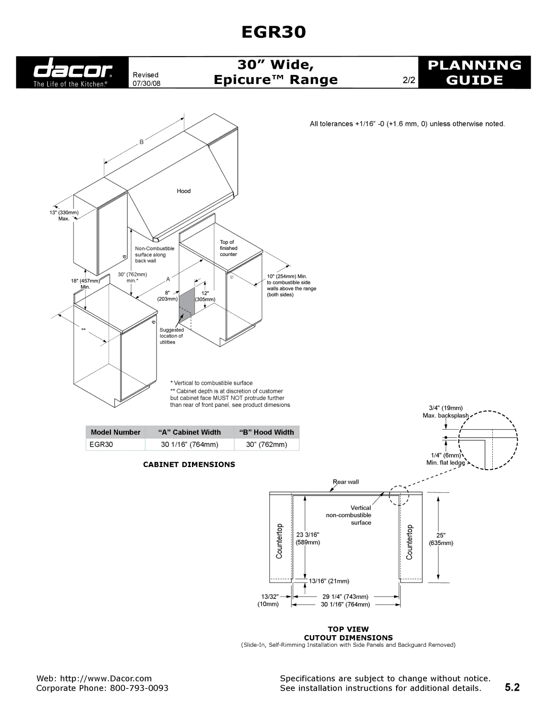 Dacor EGR30LP 30 1/16 764mm 30 762mm, Cabinet dimensions, Countertop, Model Number 