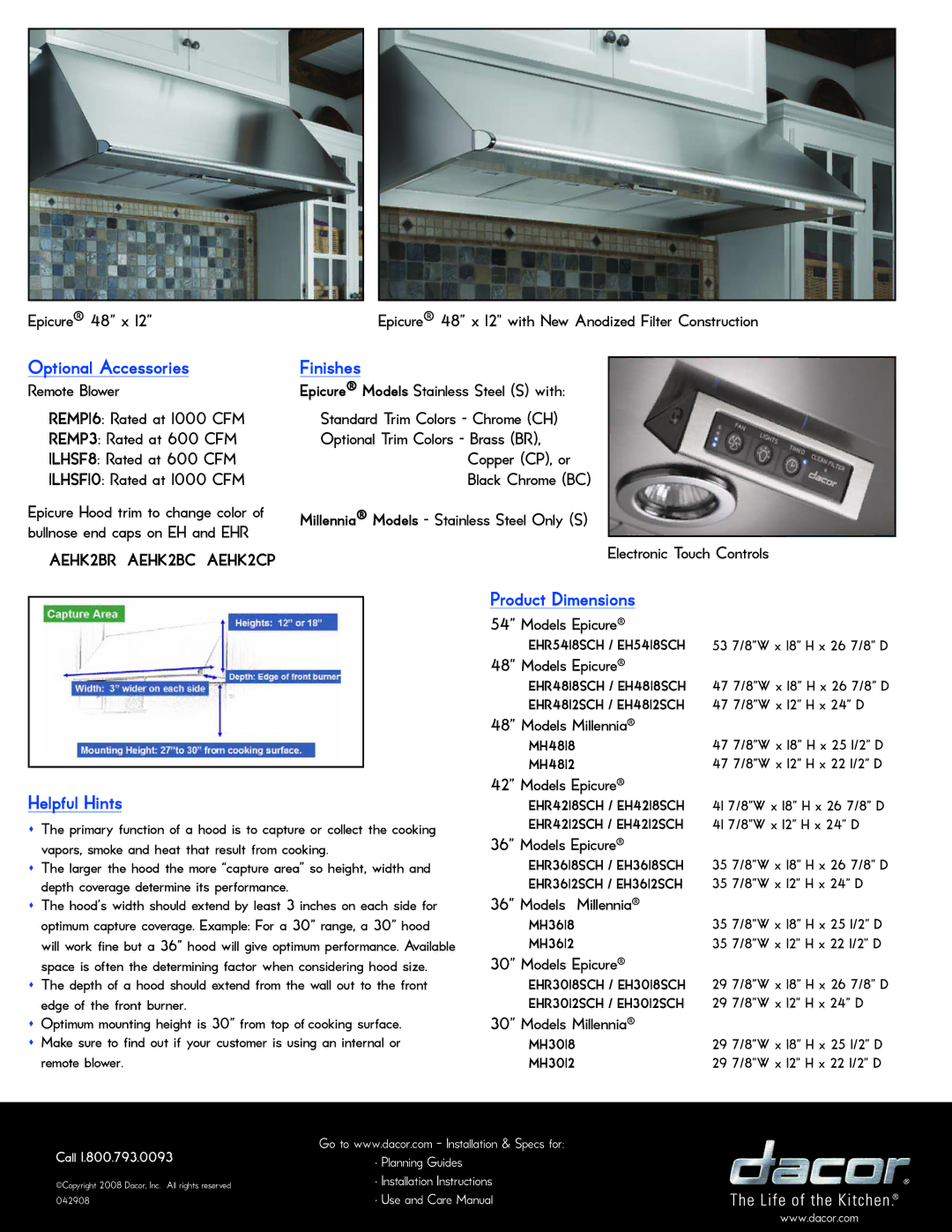 Dacor MH4812, EHR5418SCH, EHR4812SCH, EHR3618SCH, EH4212SCH Optional Accessories Finishes, Helpful Hints, Product Dimensions 