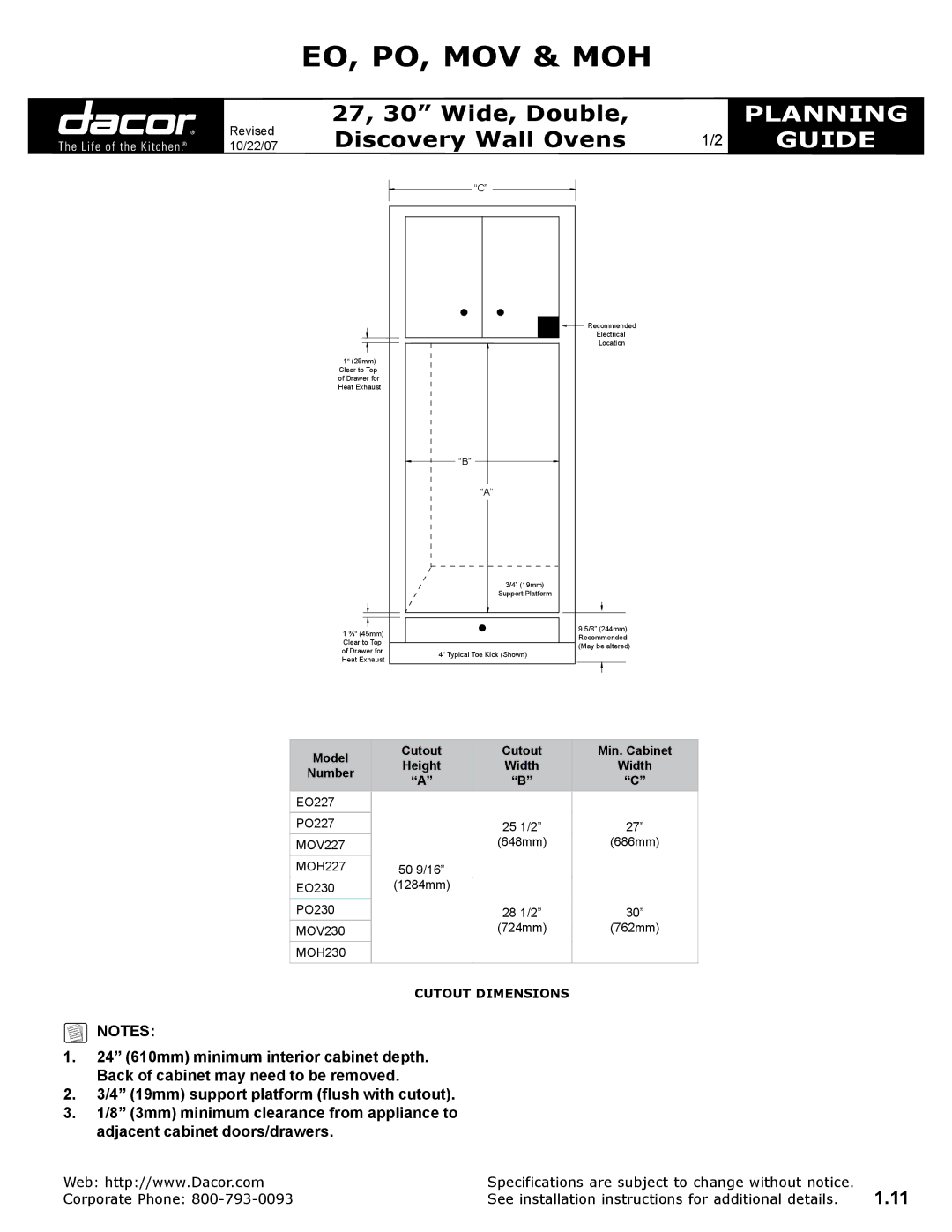 Dacor MOV, EO, MOH, PO specifications Eo, Po, Mov & Moh, Planning, Guide, Model Cutout Min. Cabinet, Number 