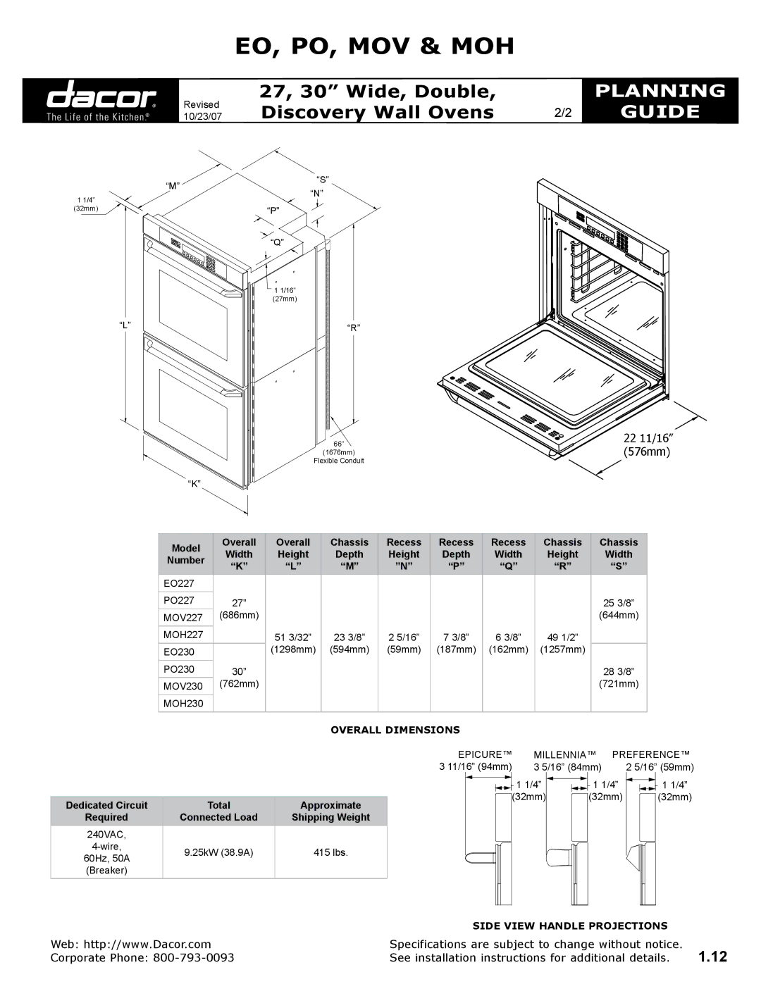 Dacor MOH, EO, MOV, PO 576mm, Model Overall Chassis Recess, Overall Dimensions, Dedicated Circuit Total Approximate 