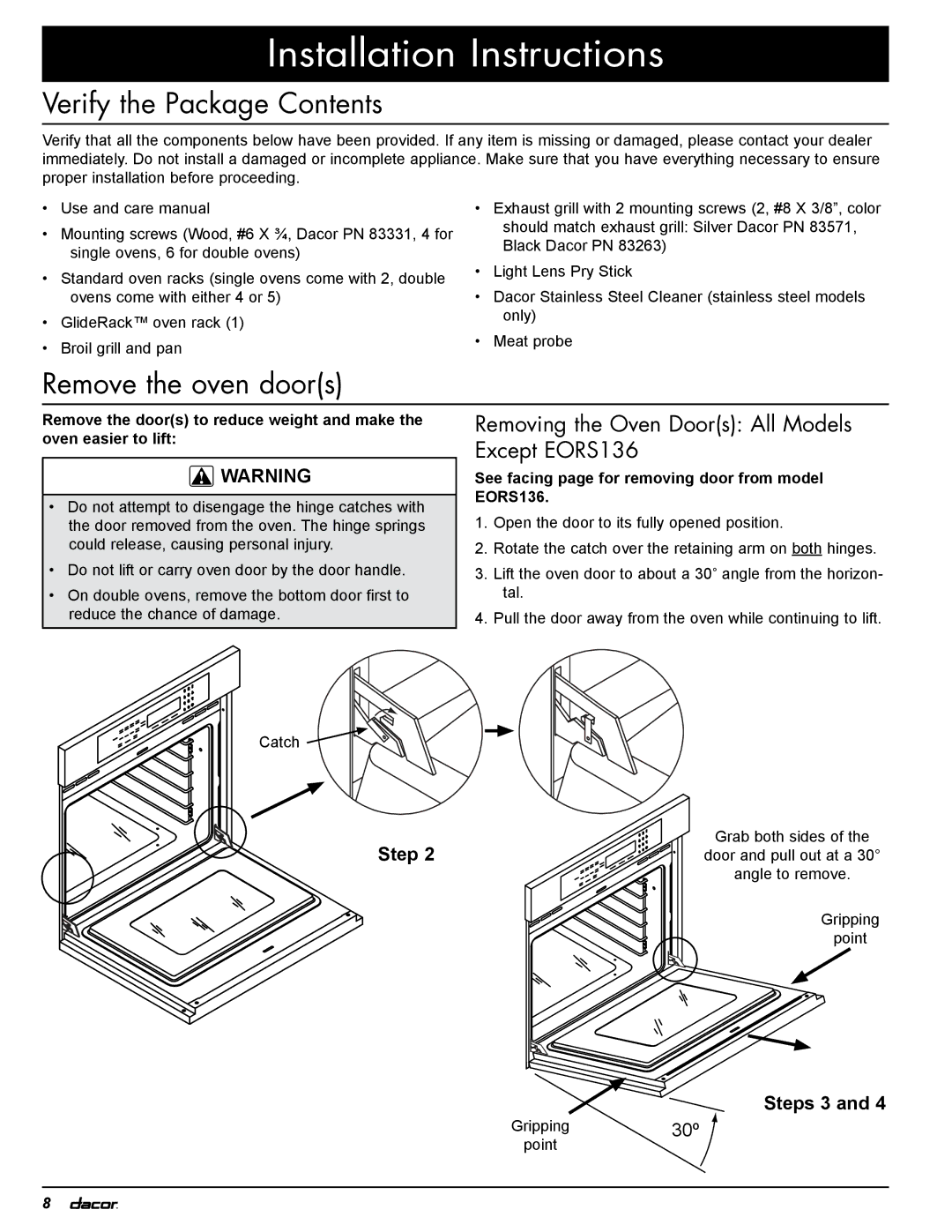 Dacor EOR, MOR installation instructions Installation Instructions, Verify the Package Contents, Remove the oven doors 