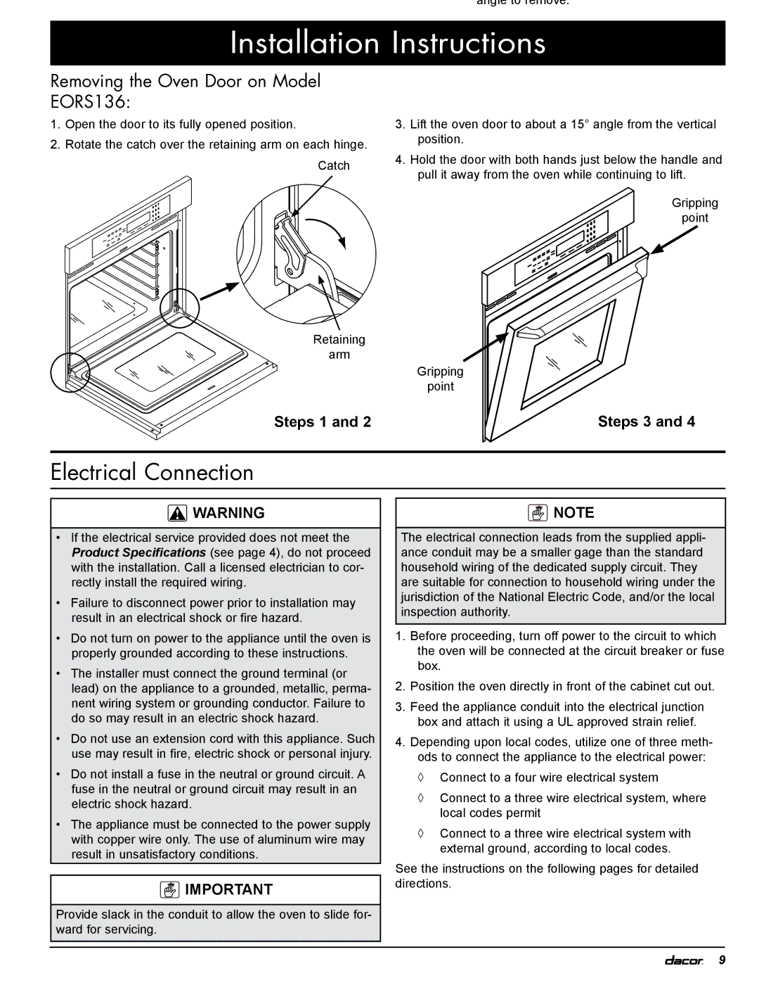 Dacor MOR installation instructions Electrical Connection, Removing the Oven Door on Model EORS136 