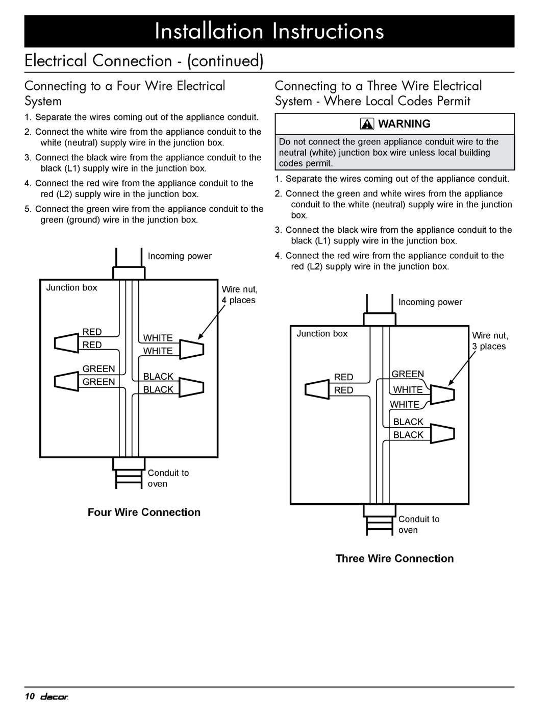 Dacor EOR, MOR installation instructions Connecting to a Four Wire Electrical System 