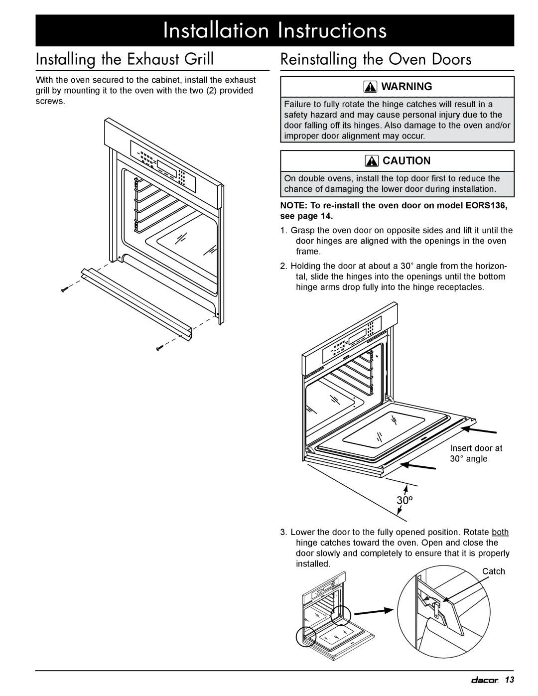 Dacor MOR, EOR installation instructions Installing the Exhaust Grill, Reinstalling the Oven Doors 