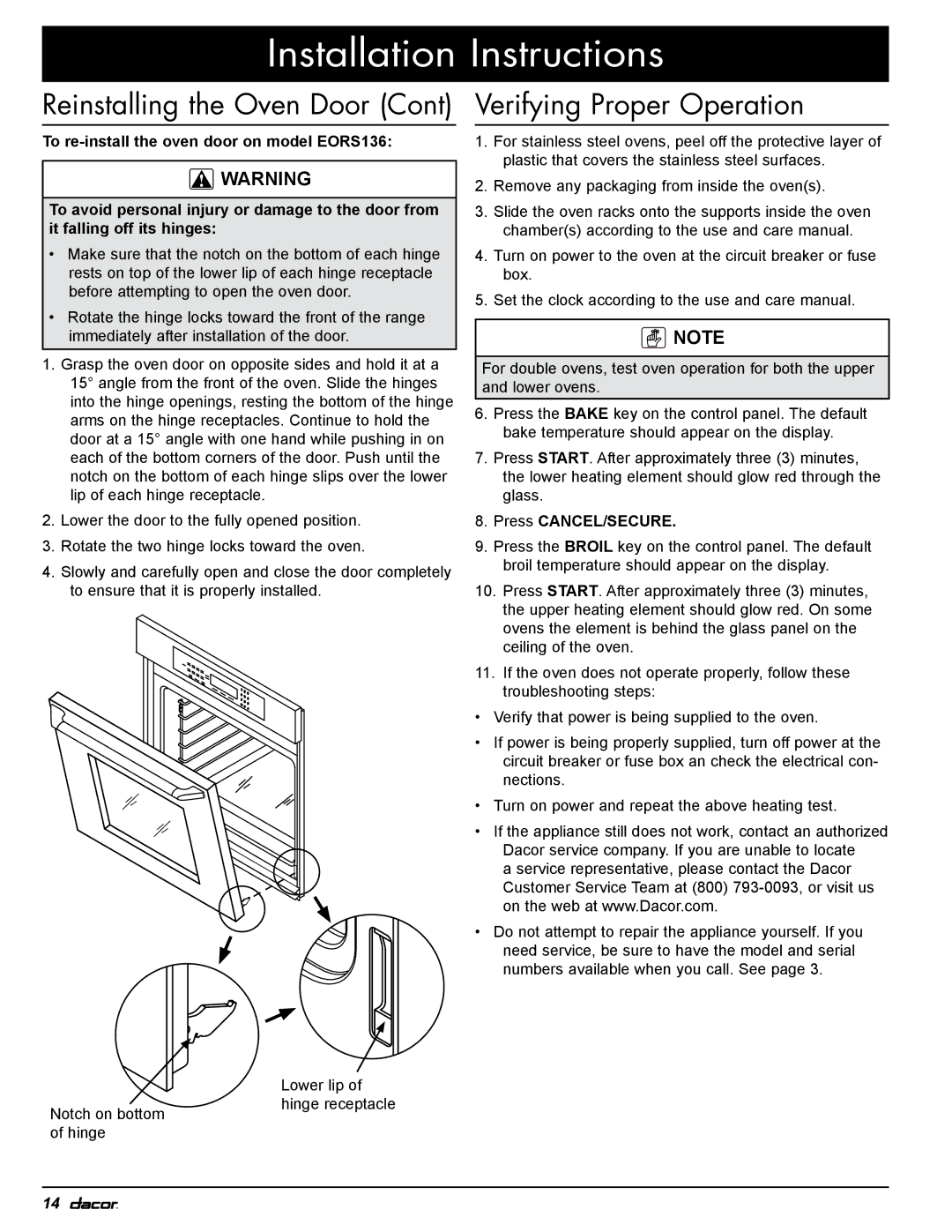 Dacor EOR, MOR installation instructions Reinstalling the Oven Door, Verifying Proper Operation, Press CANCEL/SECURE 