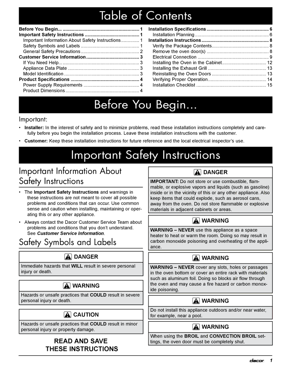 Dacor MOR, EOR installation instructions Table of Contents, Before You Begin, Important Safety Instructions 