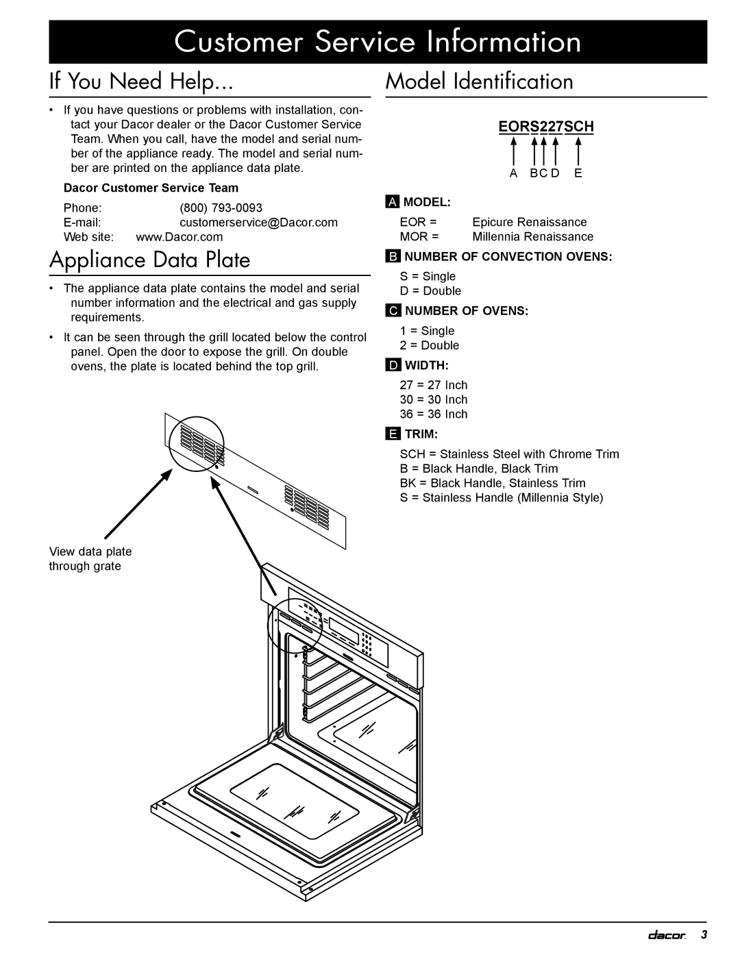 Dacor MOR, EOR Customer Service Information, If You Need Help, Appliance Data Plate, Model Identification 