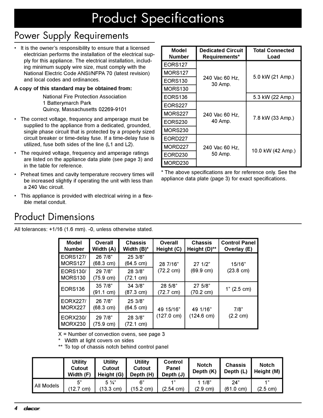 Dacor EOR, MOR Product Specifications, Power Supply Requirements, Product Dimensions, Utility Control Notch Chassis Cutout 