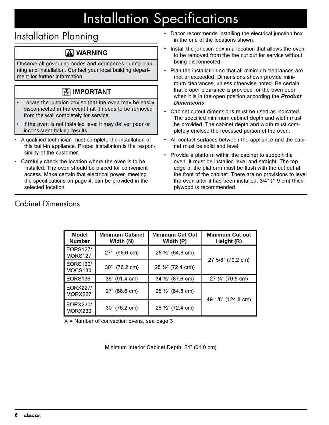 Dacor EOR, MOR installation instructions Installation Specifications, Installation Planning, Cabinet Dimensions 