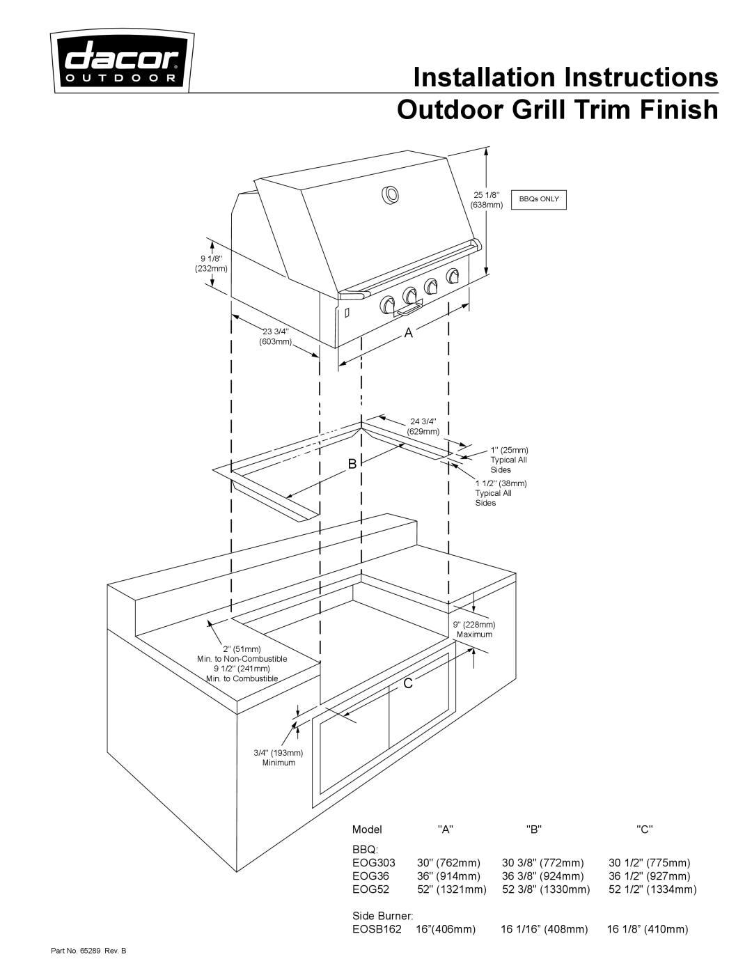 Dacor EOG303 installation instructions Installation Instructions Outdoor Grill Trim Finish, For PreliminaryOnly Review B 