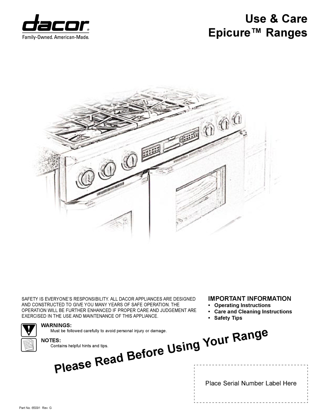 Dacor EpicureTM manual Use & Care Epicure Ranges 