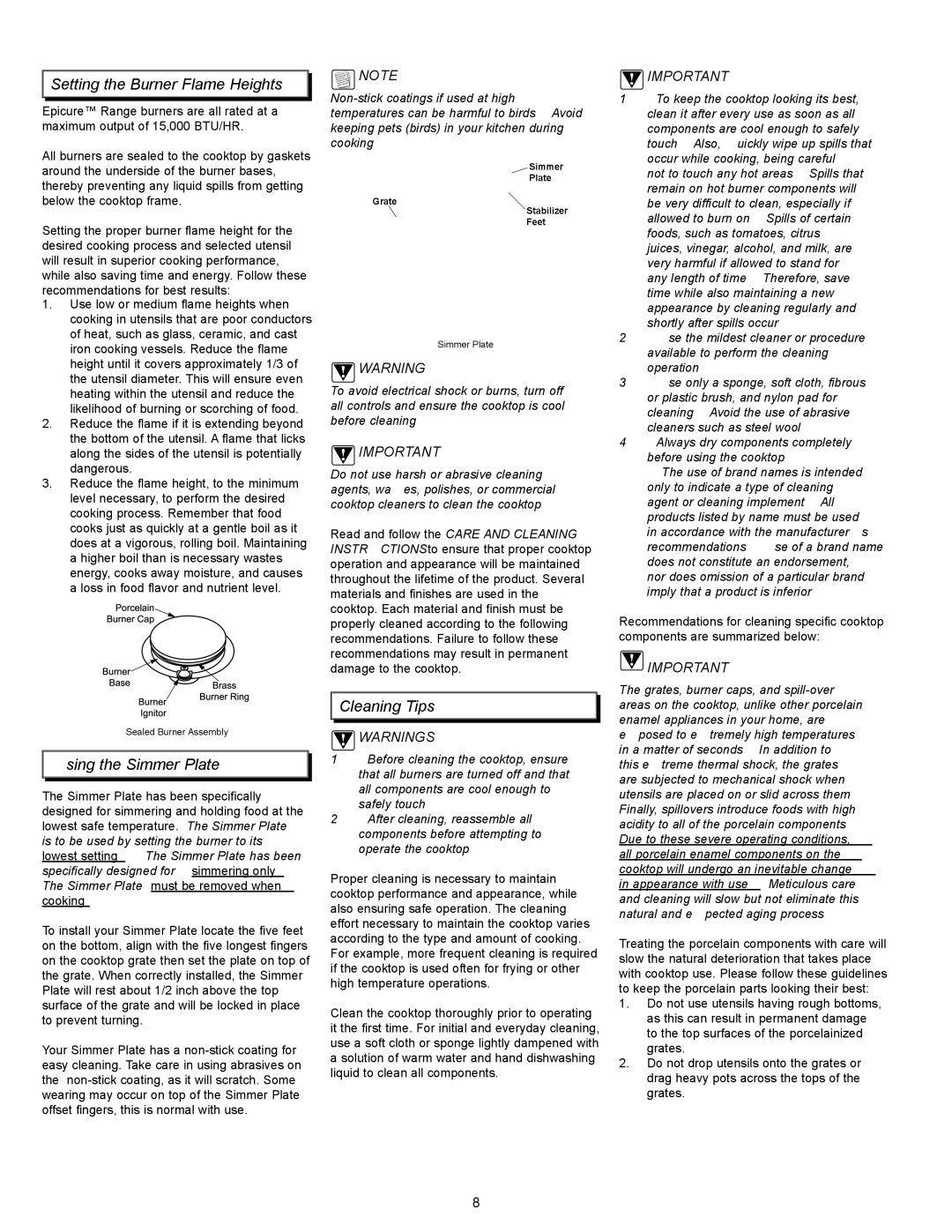 Dacor EpicureTM manual Setting the Burner Flame Heights, Using the Simmer Plate, Cleaning Tips 