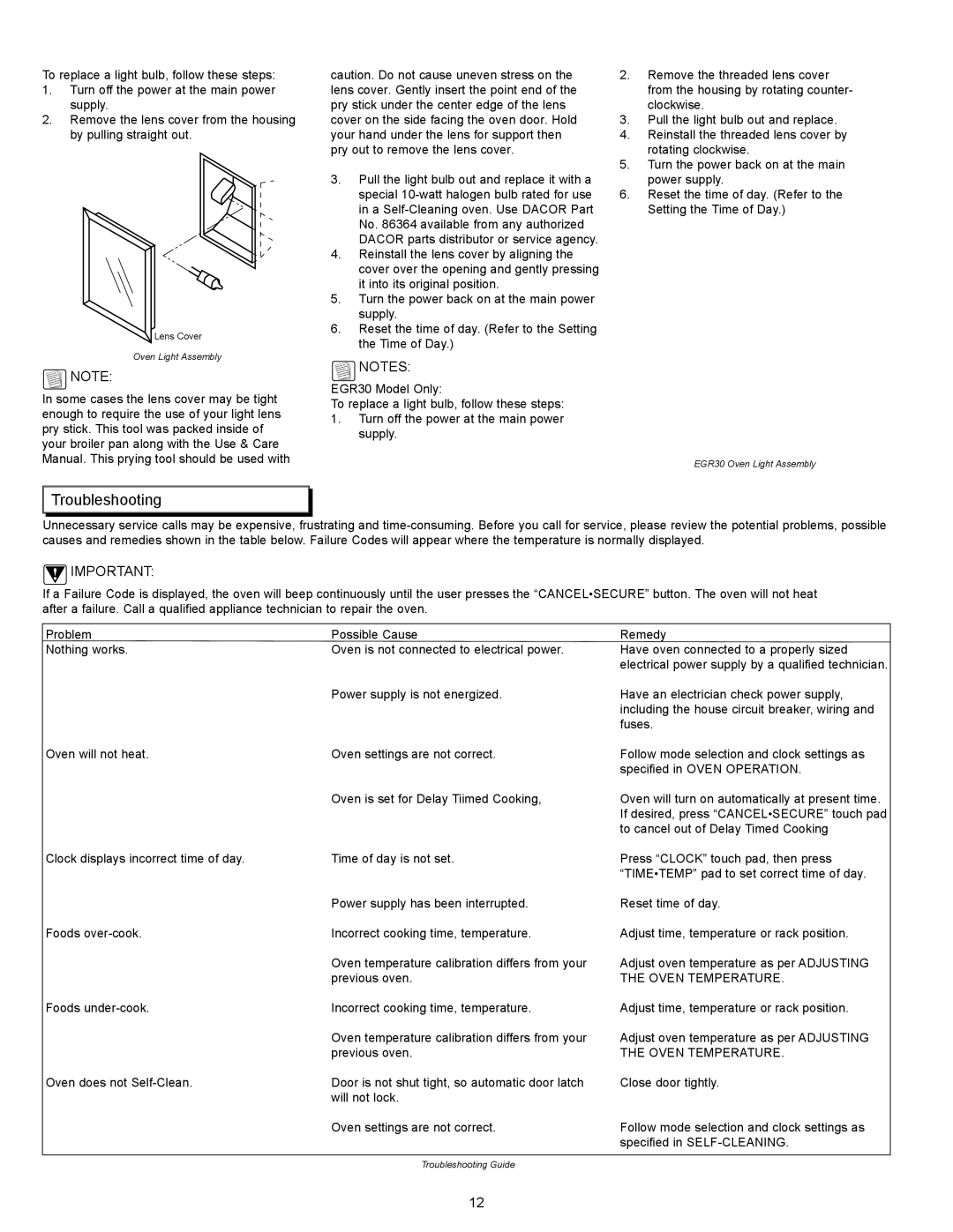 Dacor EpicureTM manual Troubleshooting, To replace a light bulb, follow these steps 