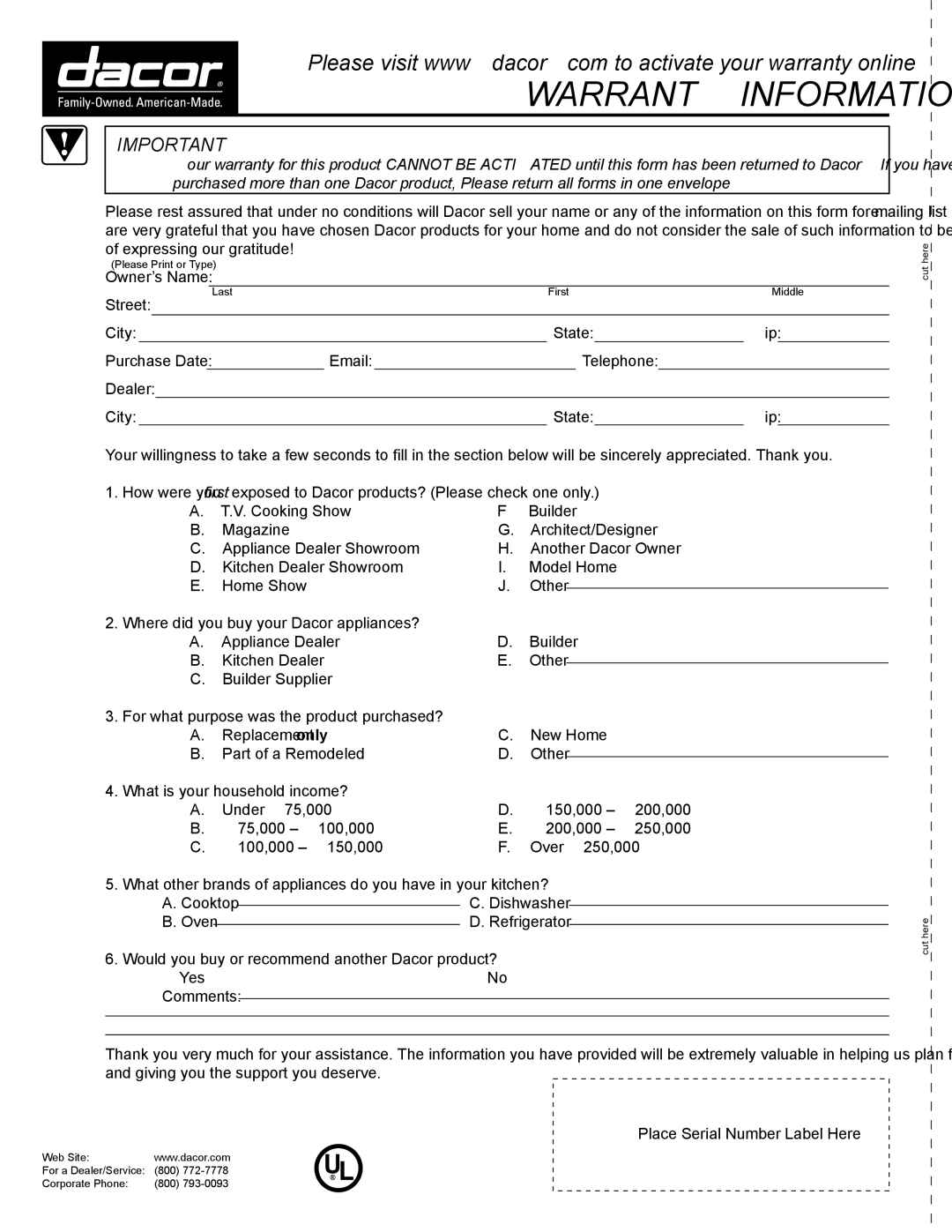 Dacor EpicureTM manual Warranty Information 