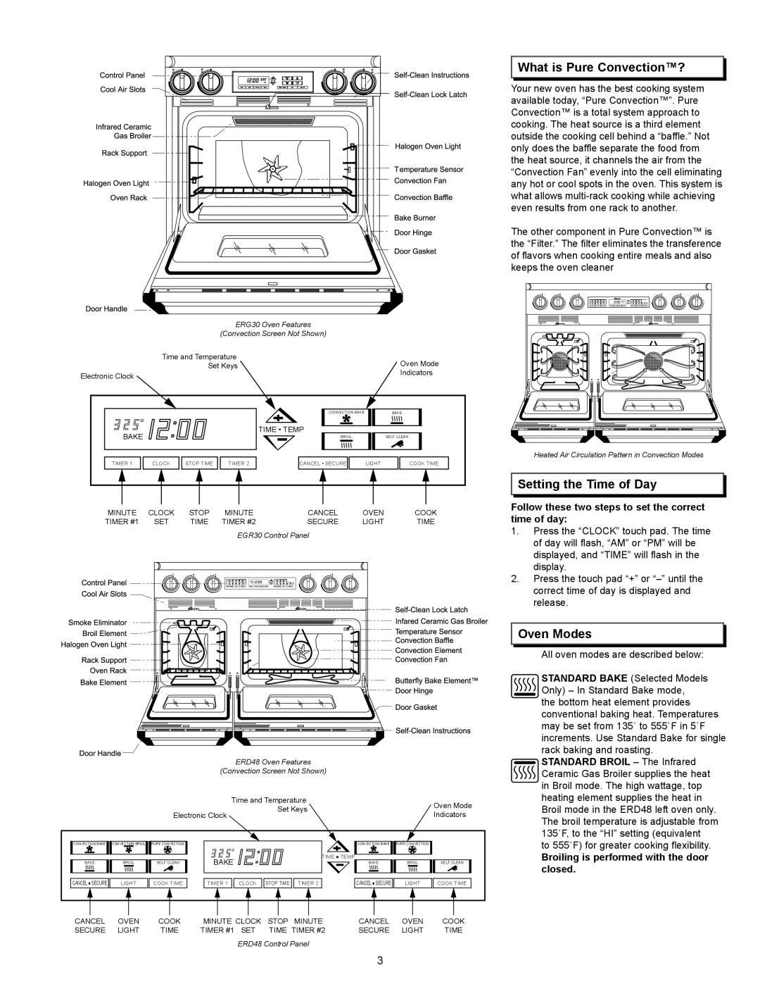 Dacor EpicureTM What is Pure Convection?, Setting the Time of Day, Oven Modes, Broiling is performed with the door closed 