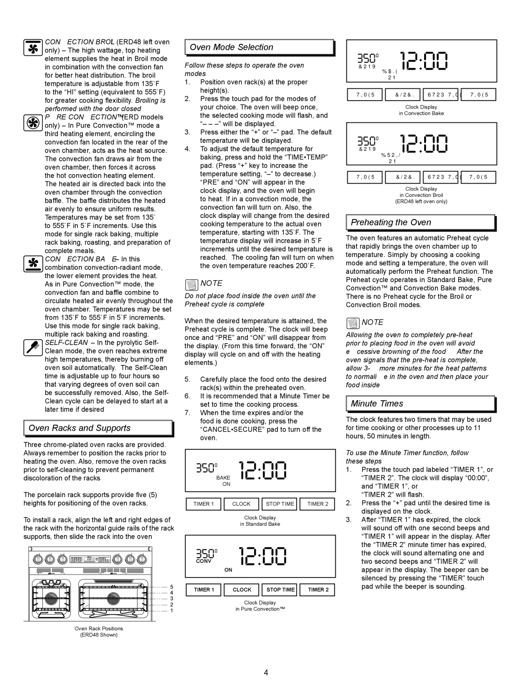 Dacor EpicureTM manual Oven Racks and Supports, Oven Mode Selection, Preheating the Oven, Minute Times 