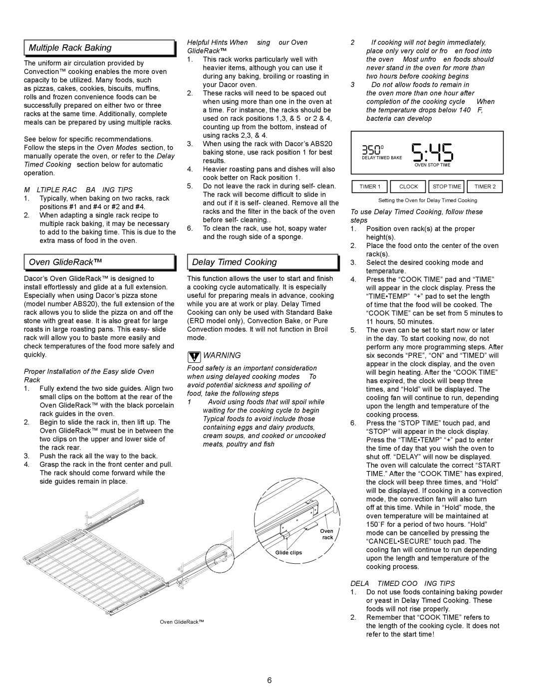 Dacor EpicureTM manual Oven GlideRack, Multiple Rack Baking Tips, Delay Timed Cooking Tips 