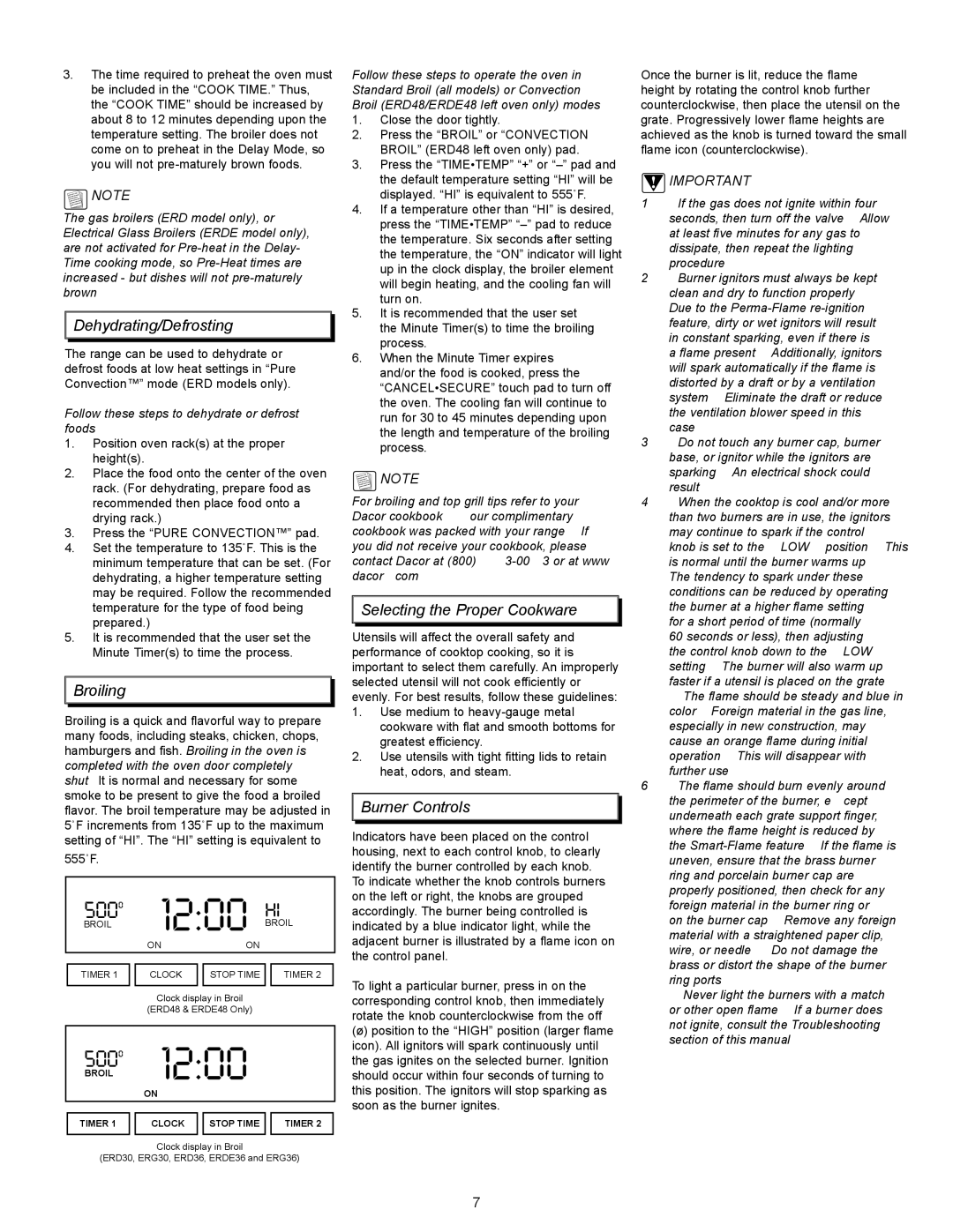 Dacor EpicureTM manual Dehydrating/Defrosting, Broiling, Selecting the Proper Cookware, Burner Controls 