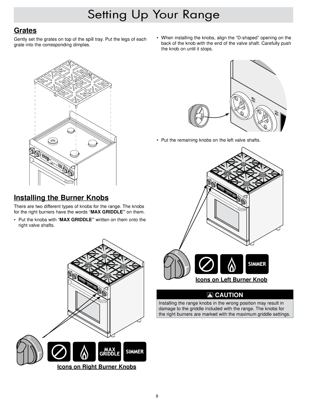 Dacor ER30D-C, ER30DSR Grates, Installing the Burner Knobs, Icons on Left Burner Knob, Icons on Right Burner Knobs 