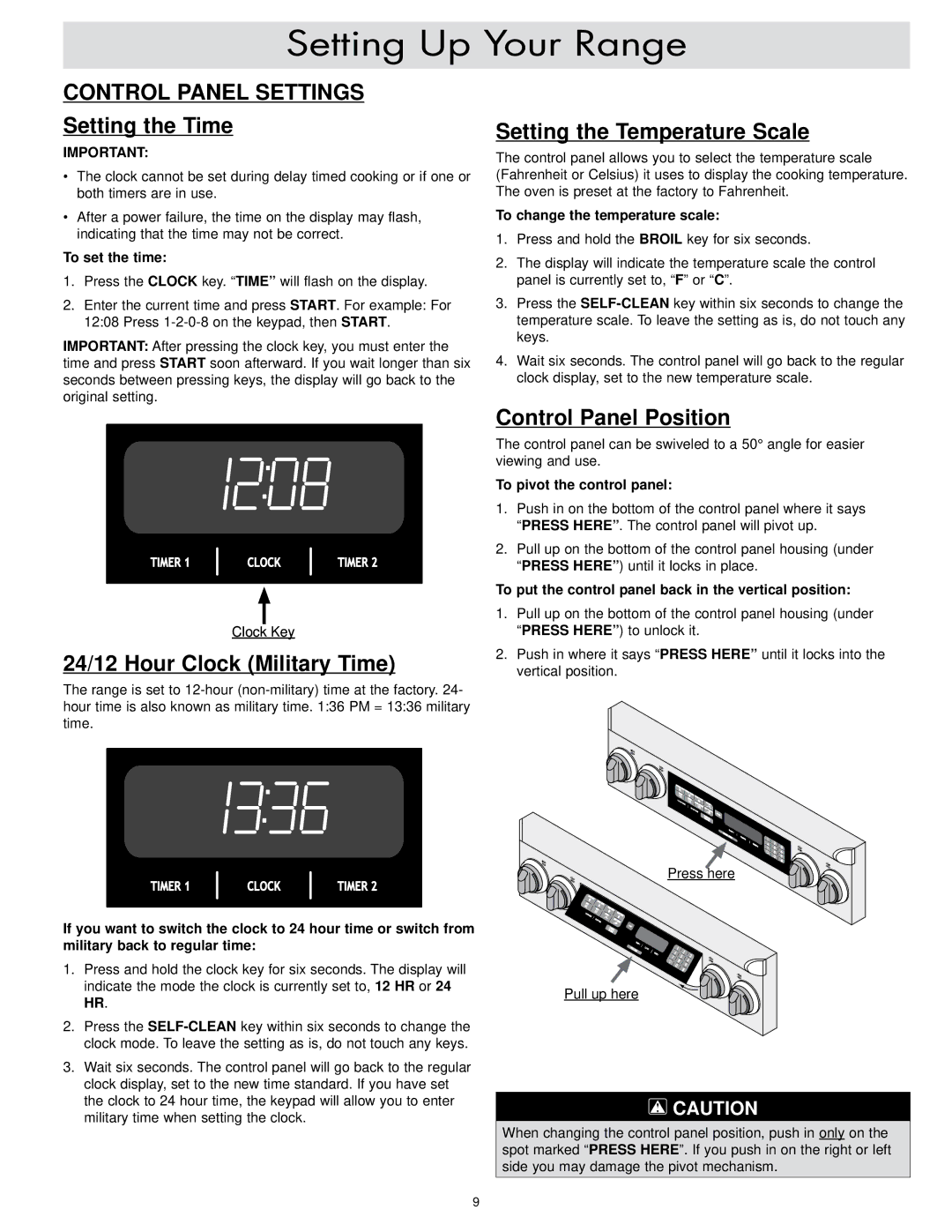 Dacor ER30D Setting the Time, 24/12 Hour Clock Military Time, Setting the Temperature Scale, Control Panel Position 