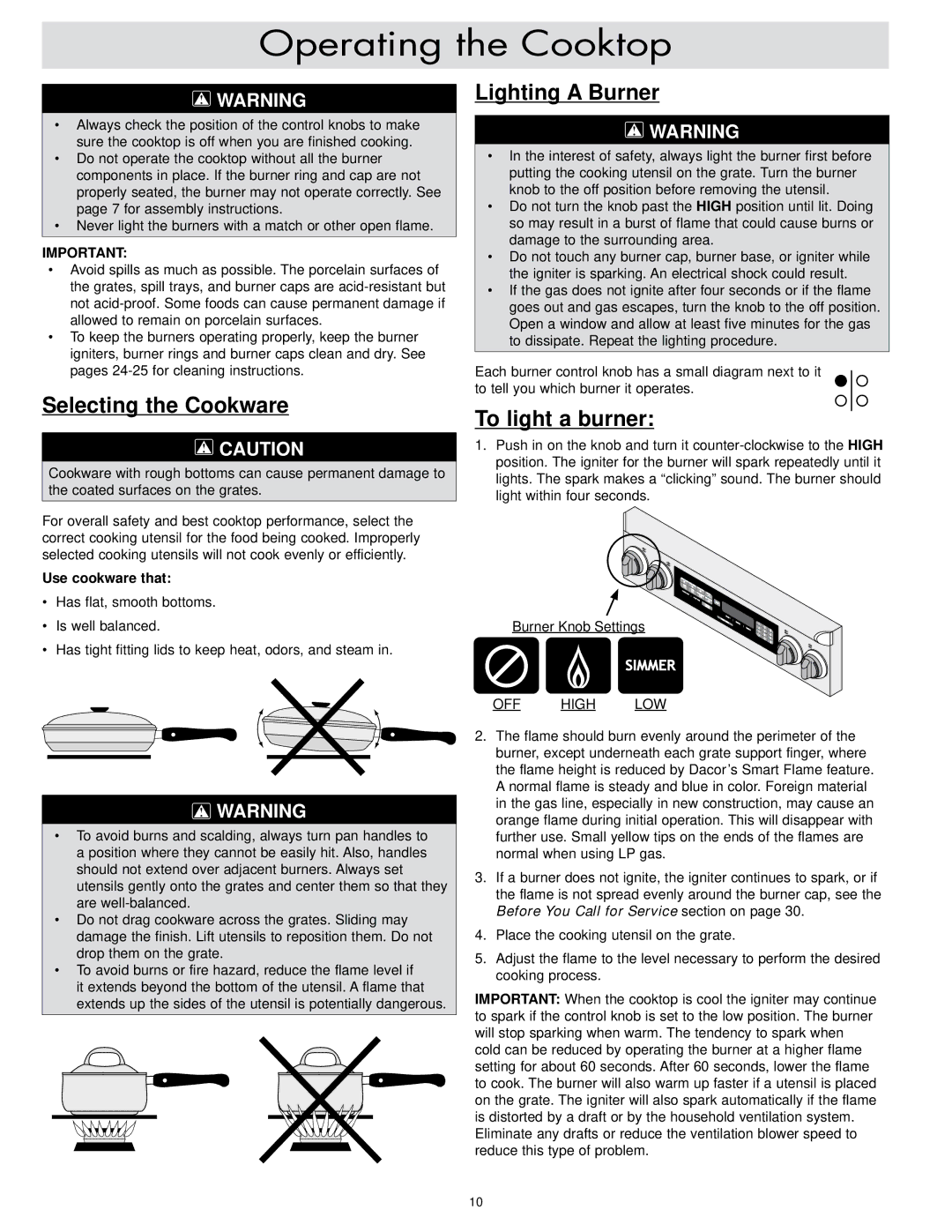 Dacor ER30DSR Operating the Cooktop, Selecting the Cookware, Lighting a Burner, To light a burner, Use cookware that 