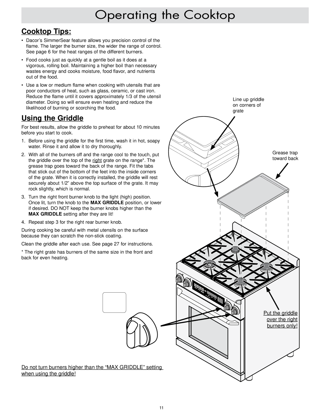 Dacor ER30D-C, ER30DSR important safety instructions Cooktop Tips, Using the Griddle 