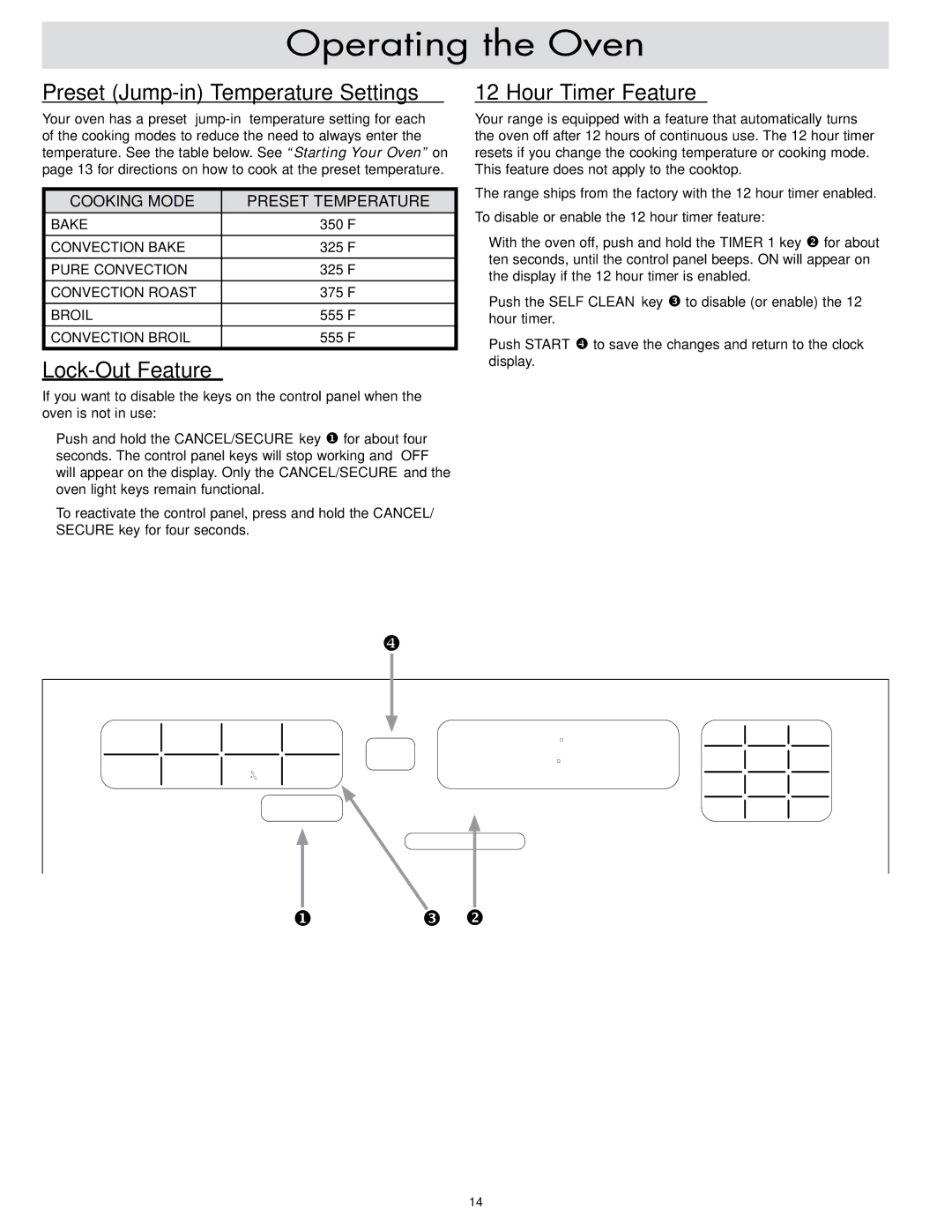 Dacor ER30D-C, ER30DSR Preset Jump-in Temperature Settings, Lock-Out Feature, Hour Timer Feature 