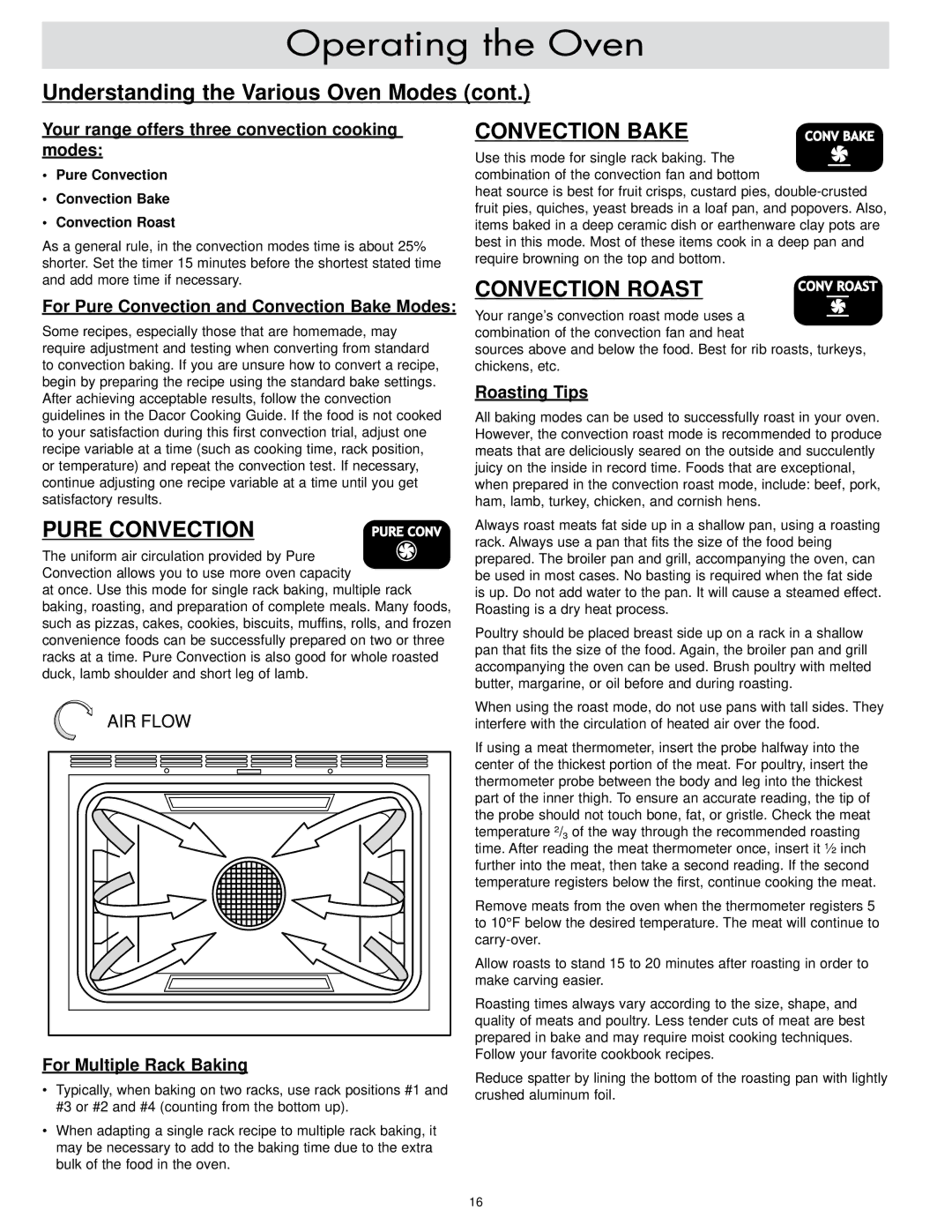 Dacor ER30DSR Understanding the Various Oven Modes, Your range offers three convection cooking modes, Roasting Tips 