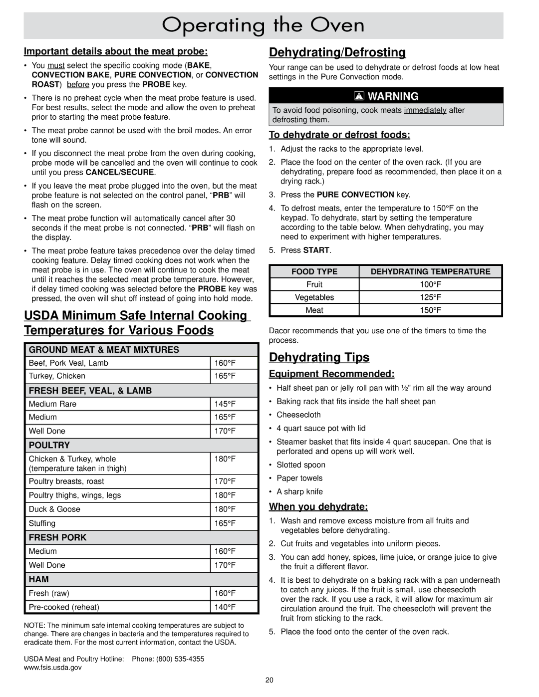 Dacor ER30D-C, ER30DSR important safety instructions Dehydrating/Defrosting, Dehydrating Tips 