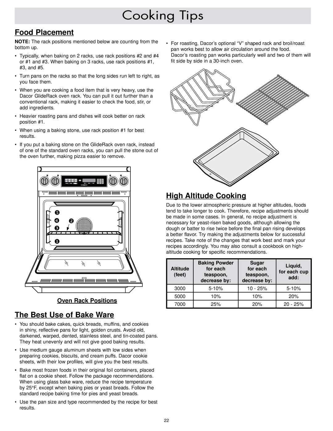 Dacor ER30DSR, ER30D-C Cooking Tips, Food Placement, Best Use of Bake Ware, High Altitude Cooking, Oven Rack Positions 